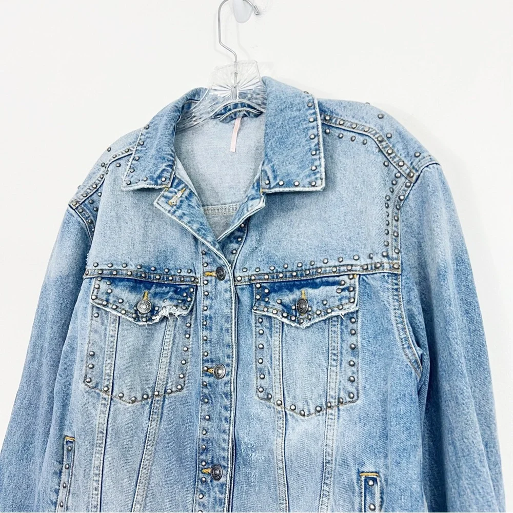 Free People Studded Denim Trucker Jacket in Blue Size Small - Picture 5 of 11